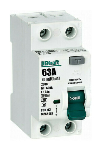 УЗО DEKraft УЗО-03 2P 63А 6 кА, 30 мА ( A ), 14265DEK